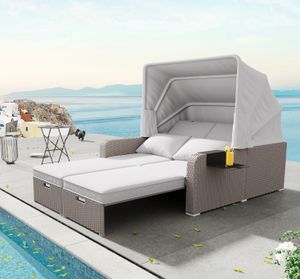 Flieks Gartensofa für 2 Personen, Polyrattan Gartenmöbel Set mit Sonnendach & Kissen, Gartenloungeset Sofa Outdoor, Balkonmöbel Terrassenmöbel, Khaki