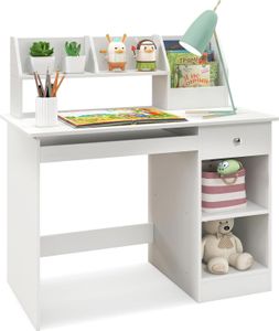 Kinderschreibtisch aus Holz, Jugendschreibtisch mit Bücherregal & Schublade & 2 Ablage & Tastaturablage, Schülerschreibtisch, Kinder Schreibtisch für Kinder, 90 x 45 x 90 cm weiß Kinderschreibtisch aus Holz, Jugendschreibtisch mit Bücherregal & Schublade & 2 Ablage & Tastaturablage, Schülerschreibtisch, Kinder Schreibtisch für Kinder, 90 x 45 x 90 cm weiß