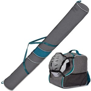 Premium SET Skitasche und Skischuhtasche für 1 Paar Ski-Stöcke-Schuhe-Helm mit abnehmbarer Netztasche Turquoise mit Netz