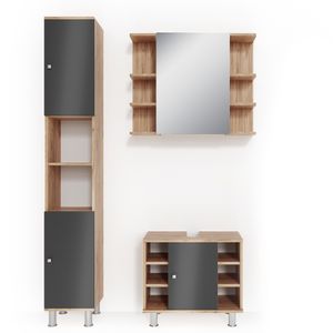 Vicco Bathroom furniture set Fynn, 3 parts, with tall unit, Oak/Anthracite