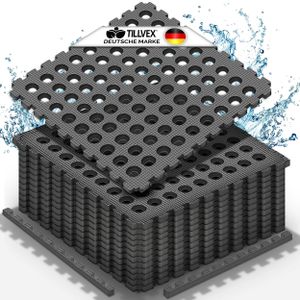 tillvex® Pool Bodenschutzmatte mit Löchern 12 Stück Schwarz | Unterlegmatte für Pool & Planschbecken 51x51 cm | Poolmatte Bodenmatte Outdoor | Poolunterlage Bodenschutz Matten wärmeisolierend | Whirlpool Bodenfolie weich