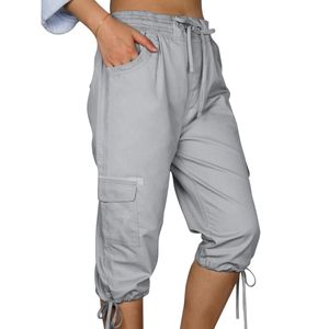 Caprihose Damen 3/4 Sporthose Baumwolle Hose Sommer Freizeithose Yogahose mit Taschen Blau grau,Größe:2xl