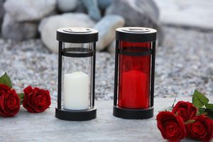 LED Outdoor Grablampe ARIMO Solar / FP 12x12x26 cm (schwarz-rot / Glas-Metall)