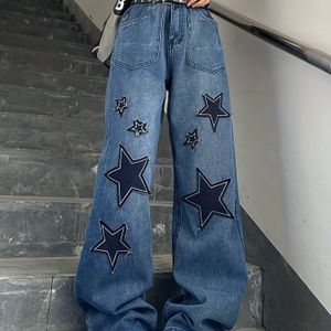 Baggy Loose Boyfriend-Jeans mit Stern-Patch, dunkle Waschung, Reißverschluss, Knopfverschluss, Schlitztasche, weites Bein, Jeanshose, Street-Y2k-Stil, Damen-Denim-Jeans und -Kleidung