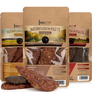 REAVET Premium Naturfleisch Filets 3er Set (3 x 100g) – Getreidefreier Hunde Snack I Hunde Leckerlis, Hundesnack, Kausnack, Hunde Ergänzungs-Futter