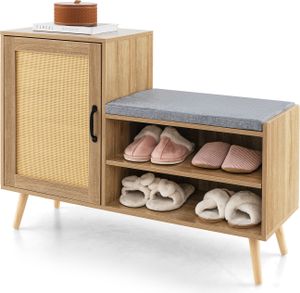 COSTWAY Rattan-Schuhschrank mit Bank, 2-in-1-Schuhwechselbank mit 3 verstellbaren Regalen & Kiefernholzbeinen, freistehendes Schuhregal COSTWAY Rattan-Schuhschrank mit Bank, 2-in-1-Schuhwechselbank mit 3 verstellbaren Regalen & Kiefernholzbeinen, freistehendes Schuhregal