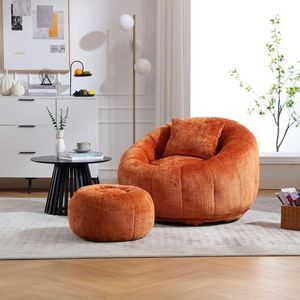 Flieks Sitzsack mit Fußhocker, 360° Drehbar Bean Bag, Bodenkissen Relaxsessel mit Sitzhocker, Bodensessel Freizeitsessel Fernsehsessel, ChenilleOrange