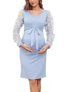 Damen Umstandskleider Schwangerschafts Kleid Strandkleider Spitze Sommer Kleid Hellblau,Größe L