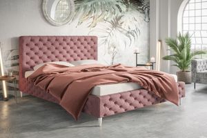 GRAINGOLD Glamour Bett 160x200 Sitaro - Polsterbett mit Lattenrost - Doppelbett Holzbeine - Rosa