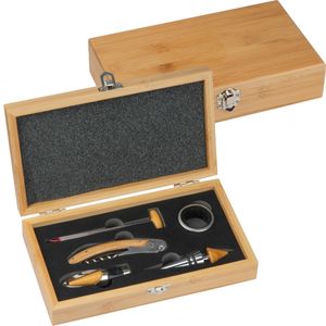 Weinset in edler Holzbox / mit Kellnermesser, Verschluss,Tropfring, Thermometer