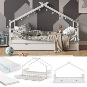 VitaliSpa Kinderbett Hausbett Gästebett Design Lattenrost 90x200 Matratze Weiß