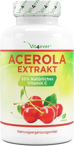Vit4ever® Acerola Kirsche - natürliches Vitamin C - 240 vegane Kapseln - 1500 mg Acerola Fruchtpulver pro Tagesportion - Hochdosiert mit 25% Vitamin C Anteil - Laborgeprüft - Ohne unerwünschte Zusätze
