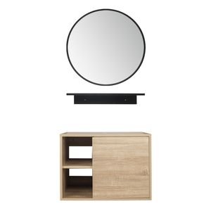 Puluomis Badmöbel set Badezimmerschrank Waschbeckenunterschrank mit schwarzem spiegel ,Holzfarbe