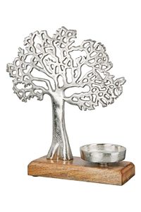 Gilde Aluminium Teelichtleuchter "Baum" silberfarben mit Base aus Mangoholz, für ein Maxi Teelicht 26228