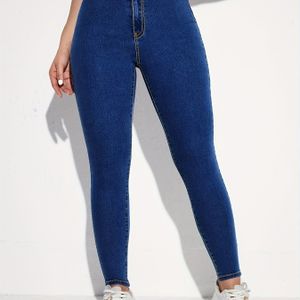 Schlichte Slim-Fit-Röhrenjeans, hoher Stretch-Knopfverschluss, vielseitige enge Jeans, Damen-Denim-Jeans und -Kleidung
