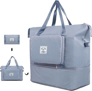 Reisetasche, Faltbare Reisetaschen Groß Sporttasche Handgepäck Tasche Tragbare Erweiterbare Umhängetasche Weekender mit 2 Seitliche Netztasche(Blau)