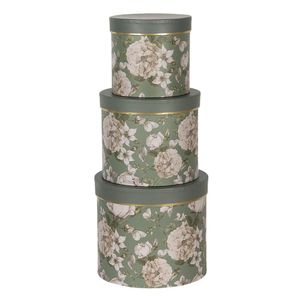 Clayre & Eef Hutschachtel 3er Set Ø 20x17 / Ø 17x15 / Ø 14x13 cm Grün Karton Blumen