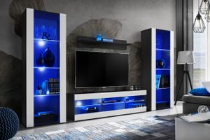 Komodee | Wohnwand Wohnzimmerset Tivoli Grande, Korpus Schwarz Matt Frontfarbe Weiß Matt, LED Blau