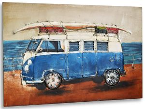 Kobolo Wandbild Wanddeko Metallbild 3D-Bild - BEACH BULLY - XXL - 108x72cm - Bully Bus Motiv Vintage Urlaub Flur Eingangsbereich Büro Auto Car Deko