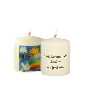 Gastgeschenk Kommunionkerze 60 x Ø 50 mm in Elfenbein "Sonne, Taube, Regenbogen" und Namensverzierung, 12 Stück