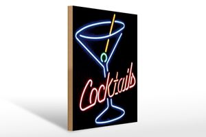 Holzschild 30x40cm Cocktails Neon Strohhalm