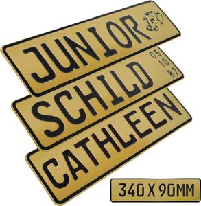 1x Kennzeichen Gold Junior Bobby Car Kettcar Wunschtext FUN Kennzeichen Funschild retroreflektierend