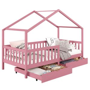 Hausbett ELEA aus massiver Kiefer, Kinderbett mit Rausfallschutz 90x200cm, Spielbett mit Dach in rosa