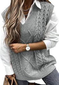 ASKSA Damen Weste Strick Pullover Ärmellos V-Ausschnitt Pullunder Einfarbig Casual Strickpullover, Grau, L ASKSA Damen Weste Strick Pullover Ärmellos V-Ausschnitt Pullunder Einfarbig Casual Strickpullover, Grau, L