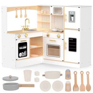 Mamabrum Holz Kinderküche 3+, Große, interaktive Spielküche, Küchenset mit Kühlschrank, Mikrowelle, Spülbecken, Backofen, Geschirrspüler und Zubehör