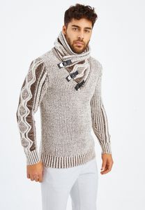 Męski sweter z kołnierzem szalowym Leif Nelson, gruby dzianinowy kołnierz szalowy LN-5195, Taupe / XXL