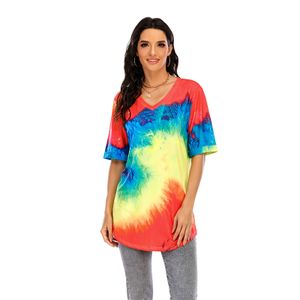 Frauen Tie Dye Printed V-Ausschnitt Pullover Tops Kurzarm T-Shirt Bluse Seitenschlitz,Farbe: Orange,blau,Größe:L