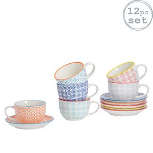 Nicola Spring 12 Stück Hand Printed Cappuccino Tasse und Untertasse Set - Japanische Art Porzellan Kaffee Teacups - 6 Farben - 250ml