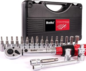 Momentový kľúč Belko 1/4 palca, 5-30 Nm, presnosť ± 3% chyby, ideálny pre bicykle a motocykle, vrátane adaptéra 3/8", šesťhranu, Torx, bitov Phillips, predlžovača a mnoho iného, ​​22-dielna SADA