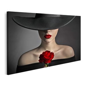Bild auf Leinwand Rote Rose Blume Frau Lippen Schwarzer Hut Mode Model Schönheit Wandbild Poster Kunstdruck Bilder 100x57cm 1-teilig