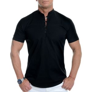Herren Stehkragen Kurzarm Tops Casual T-Shirt Bluse Pullover Tunika Knöpfe,Farbe: Schwarz,Größe:4XL