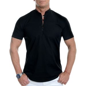 Herren Stehkragen Kurzarm Tops Casual T-Shirt Bluse Pullover Tunika Knöpfe,Farbe: Schwarz,Größe:3XL