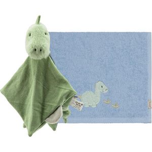 Geschenkset DINO Rexi besteht aus einem weichen saugfähigen Kinderhandtuch und einem süßen Schmusetuch in klein mit Rasse