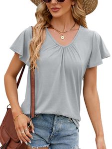 Damen Blusen V-Ausschnitte Tshirt Kurzarm Shirts Sommer T-Shirt Lässig Oberteile Grau,Größe 2XL