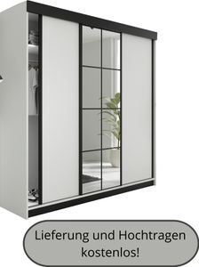 LAMARO Schiebetürenschrank 200x205 Schrank Kleiderschrank Garderobe, mit Kleiderstangen und Fächern, mit Spiegel, 3-türig - Weiß