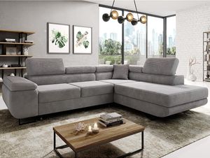 Avatar Kord Ecksofa in L-Form 277 x 73 x 203 cm mit Schlaffunktion und Bettzeugbehälter - Schlafsofa mit Bettkasten - Eckcouch mit Stauraum - Rechts - Farbe: Kord Grau