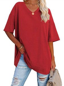 Damen Blusen Lässig Oberteile Sommer Shirts V-Ausschnitte Tshirt Elegant T-Shirt Rot,Größe L