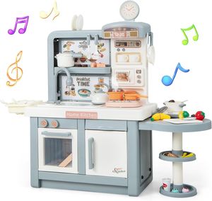 DREAMADE Kinderküche mit 49 TLG. Zubehör, Spielküche mit Licht & Sound & Dampf-Effekt Kinderspielküche für Kinder ab 3 Jahren (Grau)