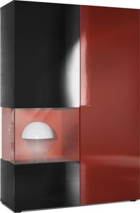 Vladon Vitrine Kommode Hochschrank Morena,  Germany, Korpus in Schwarz matt / Rechte Tür und der Einsatz in Bordeaux  Hochglanz, inkl. LED Beleuchtung