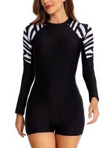 Damen Gepolsterte Strandbekleidung Sommerurlaub Langarm Schwimmanzug Farbe Block Striped Print Badebode Schwarz,Größe M