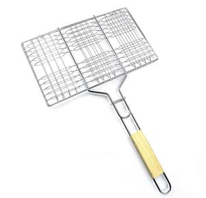 Grillguthalter mit Holzgriff | BBQ Grillkorb für Fischgemüse Steak Garnelenkoteletts | 33,5 x 20cm Grillgitter aus Metall | Gemüsekorb Burger Grillwender | Grilling Basket | Grill Rost zum Grillen