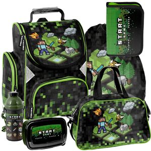 Paso PIXEL - 6-teiliges Mega Set - Rucksack, Federmäppchen, Tasche, Trinkflasche, Frühstückstasche, Schulranzen