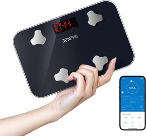RENPHO Personenwaage Digital, Mini Waage mit Körperfett und Muskelmasse, Tragbare Körperfettwaage Synchronisierbar mit Apps, Höchstmaß 180kg, 28 X 18CM