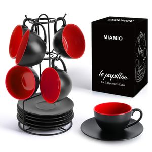 MIAMIO - Cappuccinotassen Set, Cappuccino Tassen Le Papillon Kollektion (Innen Rot)