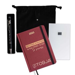 Taschenkalender 2025 A6 rot + Zubehör Set - Terminplaner mit Froschtasche, Stift, Pen-Loop und Beutel | Hardcover Kalender 2025 A6