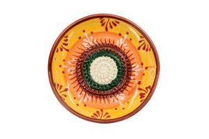 Kaladia Keramik Reibeteller  Weiß / Dunkelgrün / Orange / Gelb  - handbemalt - Durchmesser ca. 12cm